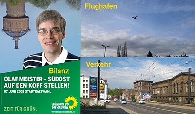 Fotomontage: Wahlplakat 2009 Südost auf den Kopf stellen - Flugzeug am Himmel und Straßenverkehr in Alt Salbke.