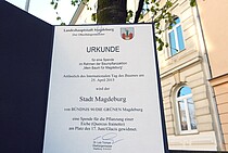 Die Baumspende Urkunde an einem von Bürgern gespendeten Baum in der Otto-von-Guericke-Str.