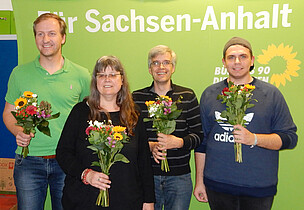 Die vier gewählten GRÜNEN Direktkandidaten (v.l.n.r.): Sören Herbst (Wahlkreis 11), Gisela Graf (Wahlkreis 12), Olaf Meister (Wahlkreis 13) und Florian Wiegand (Wahlkreis 10)