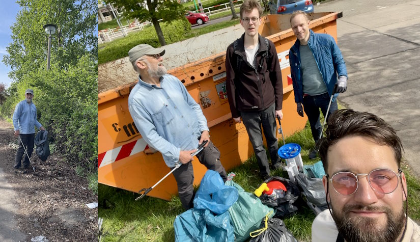 Müllsammelcrew vor dem Container