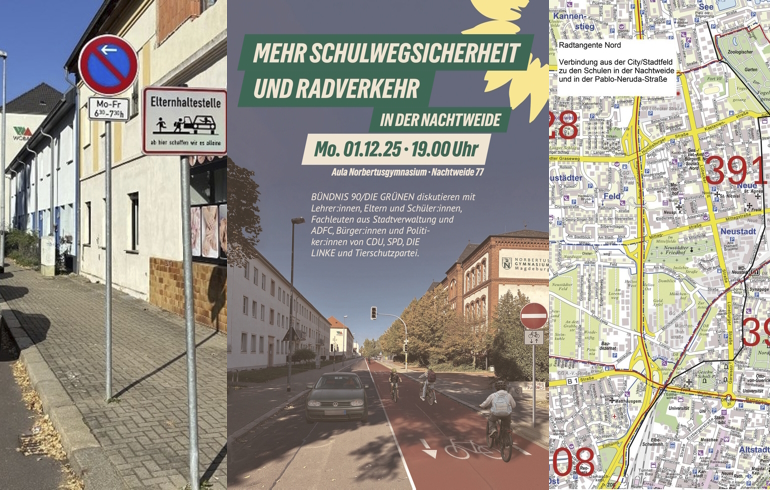 Collage von 3 Bildern. Hol- und Bringeplatz, Titelseite Veranstaltungseinladung mit Einbahnstraße und Radtstreifen sowie ein Kartenausschnitt mit der Radtangente Nord.