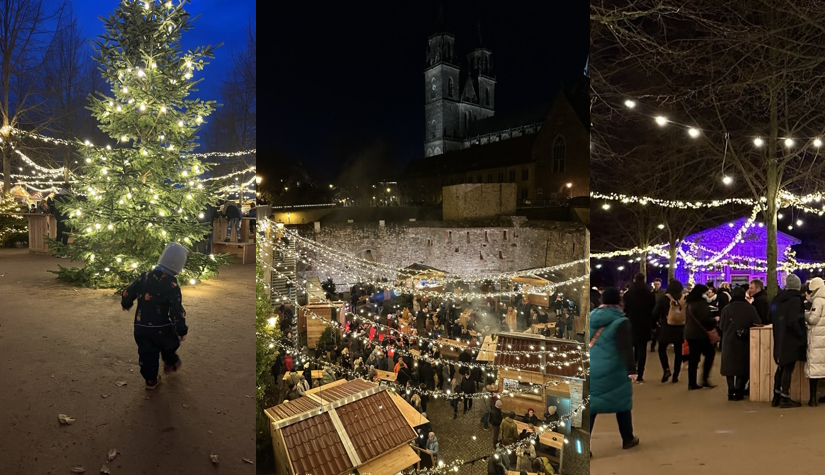 Collage vom Weihnachtsmarkt an der Milchkuranstalt u. a. mit dem Dom im Hintergrund