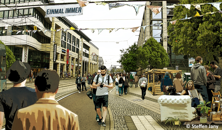 Blick von der Kreuzung Reuter-Allee in der Breiter Weg Richtung Hasselbachplatz in eine zukünftige Fußgängerzone. Blick von der Kreuzung Reuter-Allee in der Breiter Weg Richtung Hasselbachplatz in eine zukünftige Fußgängerzone.