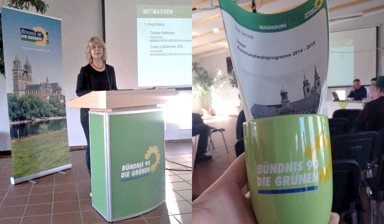 Landesvorsitzende Conny Lüddemann / Bündnisgrünes Tasse mit Kommunalwahlprogramm.