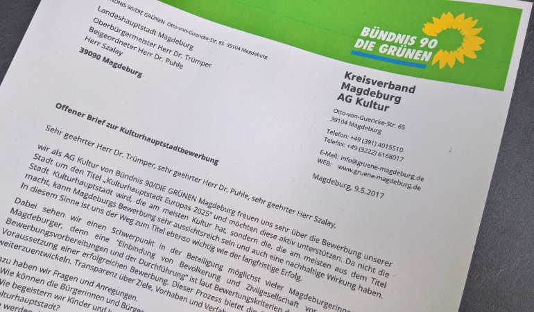 Offener Brief an die OB Lutz Trümper zur Kulturhauptstadtbewerbung auf grünem Briefpapier. Offener Brief an die OB Lutz Trümper zur Kulturhauptstadtbewerbung auf grünem Briefpapier.