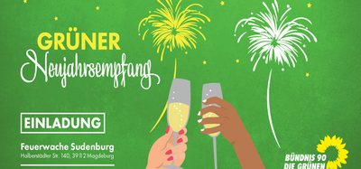 Einladungskarte Neujahrsempfang Grüner Hintergrund mit Feuerwehr und zwei zuprostenden Händen.