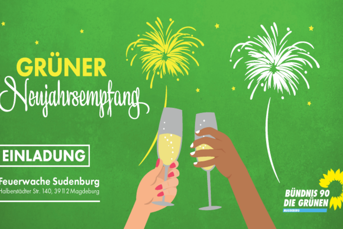 Einladungskarte Neujahrsempfang Grüner Hintergrund mit Feuerwehr und zwei zuprostenden Händen.