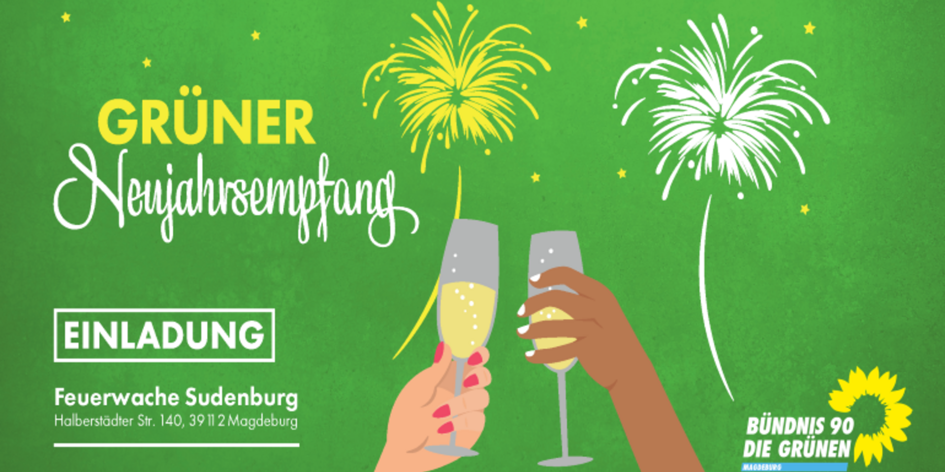 Einladungskarte Neujahrsempfang Grüner Hintergrund mit Feuerwehr und zwei zuprostenden Händen.