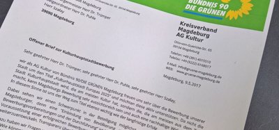 Offener Brief an die OB Lutz Trümper zur Kulturhauptstadtbewerbung auf grünem Briefpapier.