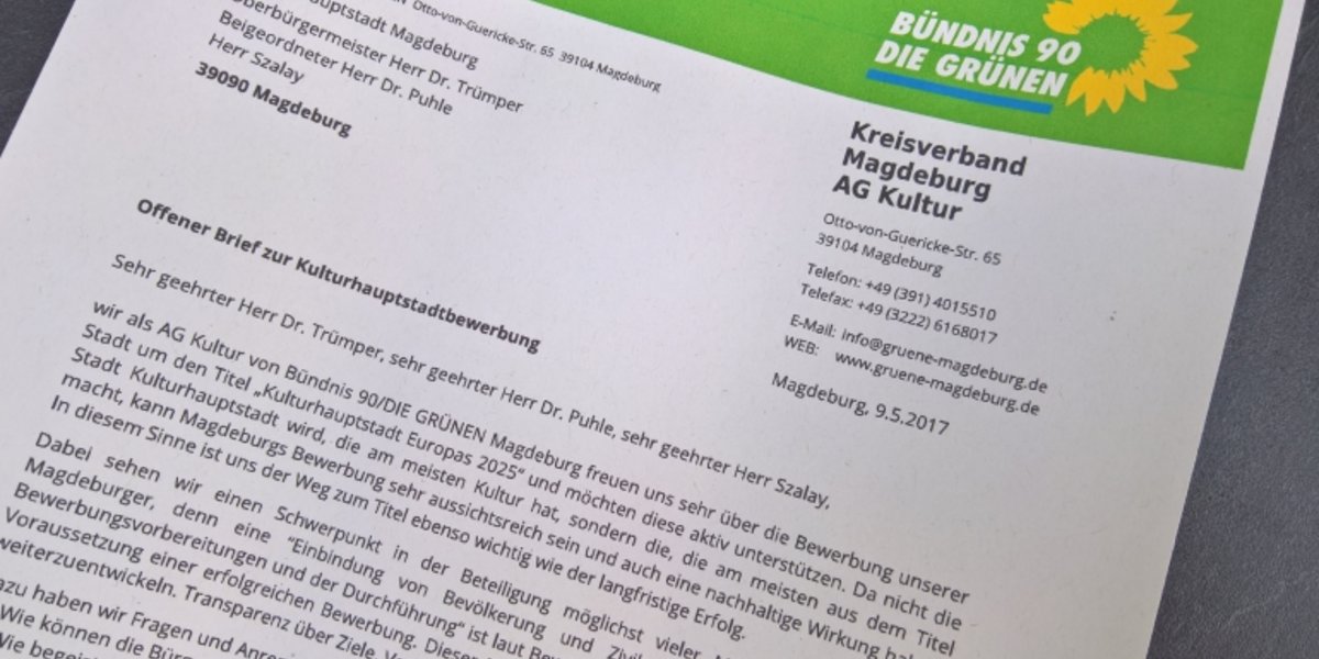 Offener Brief an die OB Lutz Trümper zur Kulturhauptstadtbewerbung auf grünem Briefpapier.