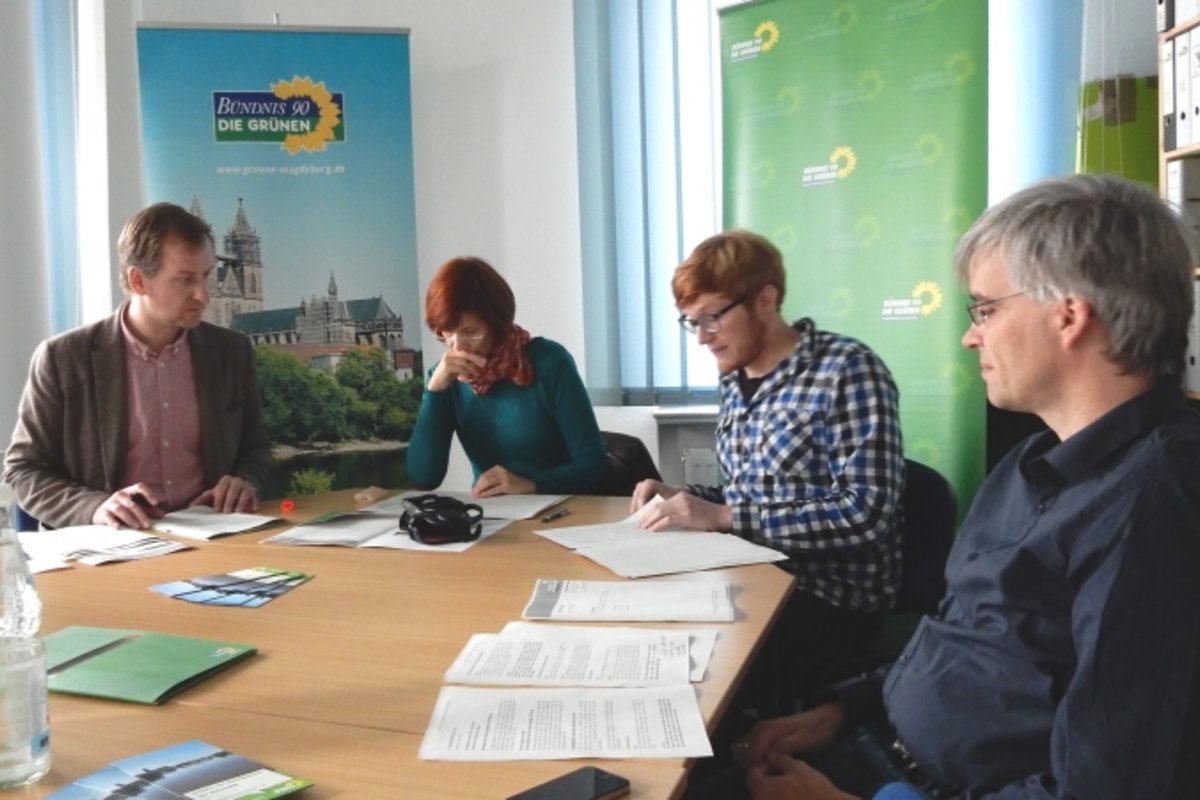 Pressekonferenz zu den Werderlinden in der Landesgeschäftsstelle mit Sören Herbst, Eva-Maria-Schulz, Timo Gedlich und Olaf Meister.
