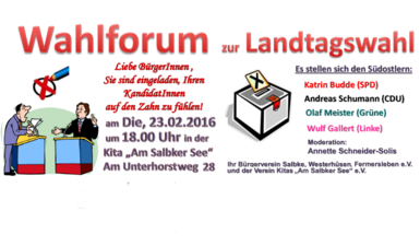 Veranstaltungsankündigung Wahlforum 23. Februar 2016 in der Kita Am Salbker See.