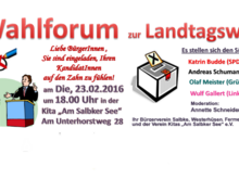 Veranstaltungsankündigung Wahlforum 23. Februar 2016 in der Kita Am Salbker See.