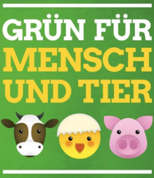 Bild Grün für Mensch und Tier mit Emoticons Rind, Kücken und Schwein.