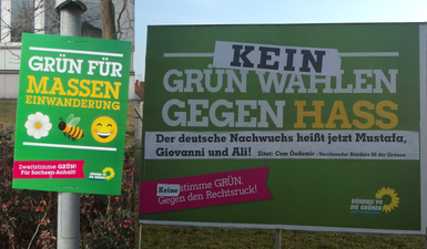 Links Fake-Plakat der Rechten, daneben beklebte Großfläche.