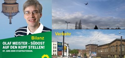 Fotomontage: Wahlplakat 2009 Südost auf den Kopf stellen - Flugzeug am Himmel und Straßenverkehr in Alt Salbke.