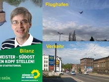 Fotomontage: Wahlplakat 2009 Südost auf den Kopf stellen - Flugzeug am Himmel und Straßenverkehr in Alt Salbke.