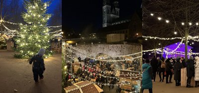 Collage vom Weihnachtsmarkt an der Milchkuranstalt u. a. mit dem Dom im Hintergrund