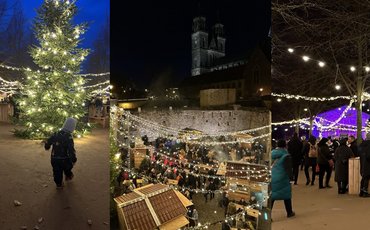 Collage vom Weihnachtsmarkt an der Milchkuranstalt u. a. mit dem Dom im Hintergrund