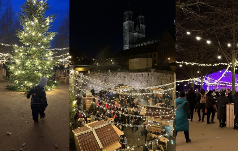 Collage vom Weihnachtsmarkt an der Milchkuranstalt u. a. mit dem Dom im Hintergrund