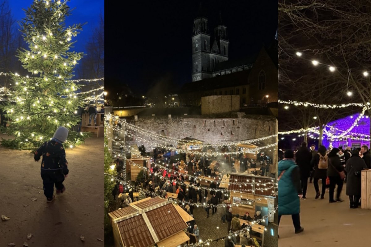 Collage vom Weihnachtsmarkt an der Milchkuranstalt u. a. mit dem Dom im Hintergrund