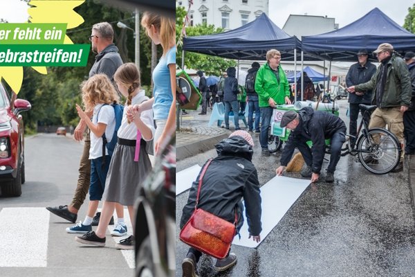 Bild von der Zebrastreifenaktion 2019 mit der Forderung Hier gehört ein Zebrastreifen hin.