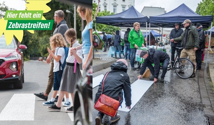 Bild von der Zebrastreifenaktion 2019 mit der Forderung Hier gehört ein Zebrastreifen hin.