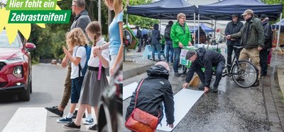 Bild von der Zebrastreifenaktion 2019 mit der Forderung Hier gehört ein Zebrastreifen hin.
