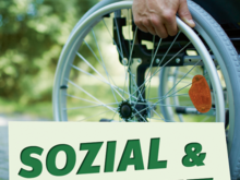 Rollstuhlfahrer Hand am Rollstuhlrad und Slogan "Sozial & Gerecht".