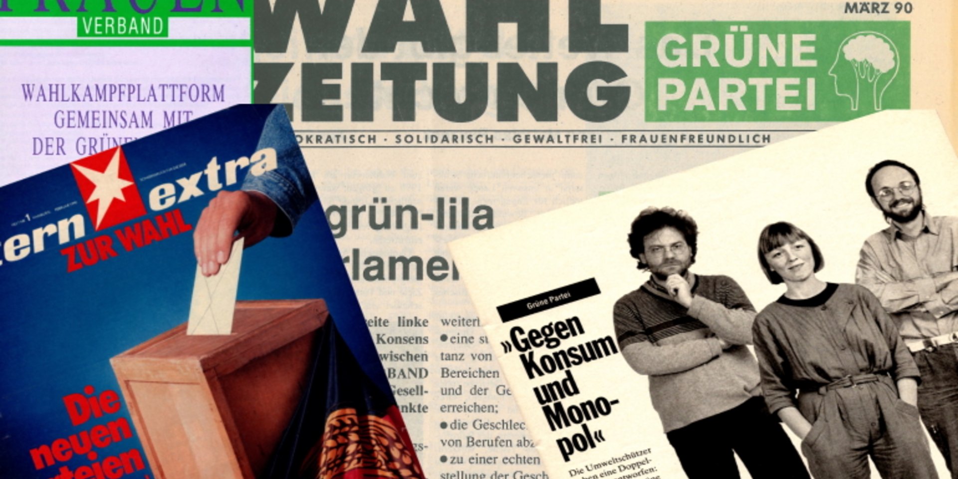 Foto-Collage aus Sterntitel zur Volkskammerwahl, Wahlprogramm und Wahlzeitung.