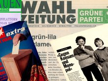 Foto-Collage aus Sterntitel zur Volkskammerwahl, Wahlprogramm und Wahlzeitung.