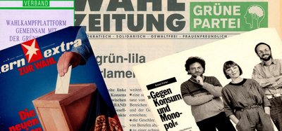 Foto-Collage aus Sterntitel zur Volkskammerwahl, Wahlprogramm und Wahlzeitung.