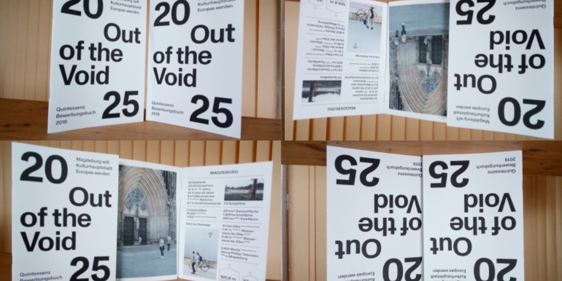 Die Broschüre Quintessenz Bewerbungsbuch 2019 "Out of the Void" 4x in einer Collage zusammengestellt.