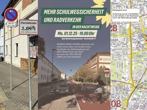 Collage von 3 Bildern. Hol- und Bringeplatz, Titelseite Veranstaltungseinladung mit Einbahnstraße und Radtstreifen sowie ein Kartenausschnitt mit der Radtangente Nord.