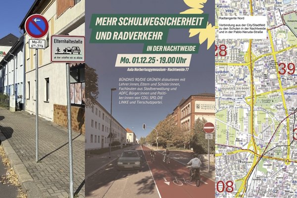 Collage von 3 Bildern. Hol- und Bringeplatz, Titelseite Veranstaltungseinladung mit Einbahnstraße und Radtstreifen sowie ein Kartenausschnitt mit der Radtangente Nord.