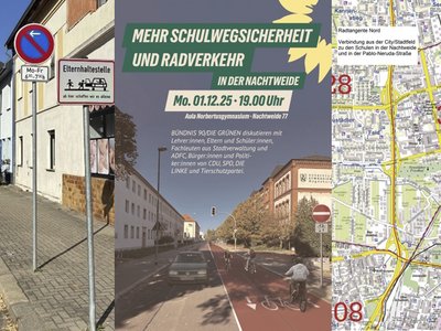 Collage von 3 Bildern. Hol- und Bringeplatz, Titelseite Veranstaltungseinladung mit Einbahnstraße und Radtstreifen sowie ein Kartenausschnitt mit der Radtangente Nord.