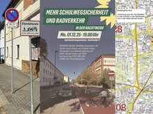 Collage von 3 Bildern. Hol- und Bringeplatz, Titelseite Veranstaltungseinladung mit Einbahnstraße und Radtstreifen sowie ein Kartenausschnitt mit der Radtangente Nord.