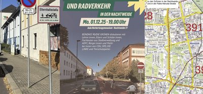 Collage von 3 Bildern. Hol- und Bringeplatz, Titelseite Veranstaltungseinladung mit Einbahnstraße und Radtstreifen sowie ein Kartenausschnitt mit der Radtangente Nord.