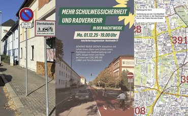 Collage von 3 Bildern. Hol- und Bringeplatz, Titelseite Veranstaltungseinladung mit Einbahnstraße und Radtstreifen sowie ein Kartenausschnitt mit der Radtangente Nord.