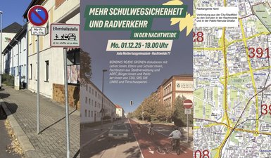 Collage von 3 Bildern. Hol- und Bringeplatz, Titelseite Veranstaltungseinladung mit Einbahnstraße und Radtstreifen sowie ein Kartenausschnitt mit der Radtangente Nord.