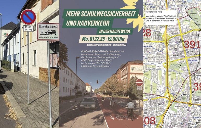 Collage von 3 Bildern. Hol- und Bringeplatz, Titelseite Veranstaltungseinladung mit Einbahnstraße und Radtstreifen sowie ein Kartenausschnitt mit der Radtangente Nord.