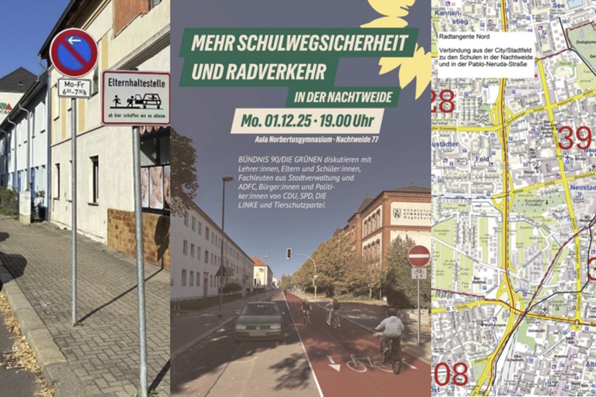 Collage von 3 Bildern. Hol- und Bringeplatz, Titelseite Veranstaltungseinladung mit Einbahnstraße und Radtstreifen sowie ein Kartenausschnitt mit der Radtangente Nord.