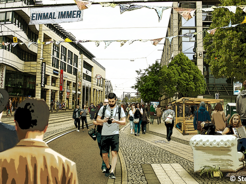 Blick von der Kreuzung Reuter-Allee in der Breiter Weg Richtung Hasselbachplatz in eine zukünftige Fußgängerzone.