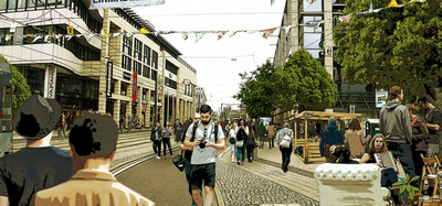 Blick von der Kreuzung Reuter-Allee in der Breiter Weg Richtung Hasselbachplatz in eine zukünftige Fußgängerzone.