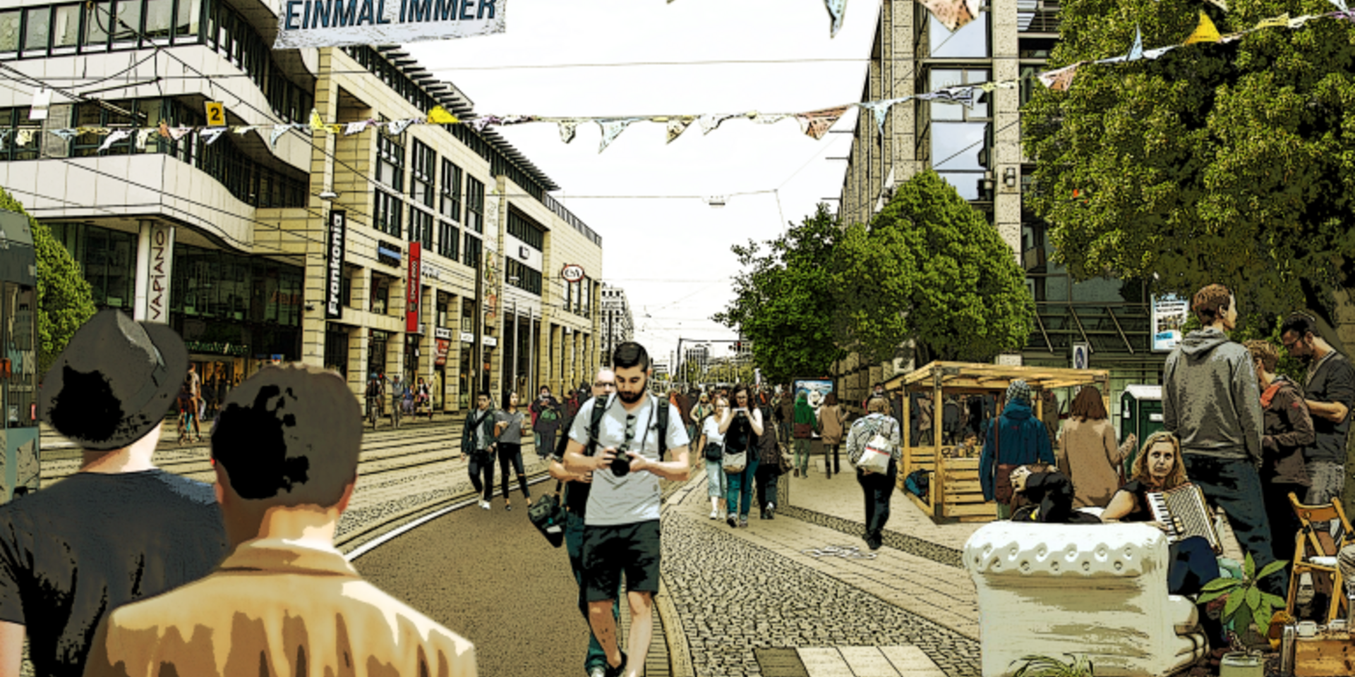 Blick von der Kreuzung Reuter-Allee in der Breiter Weg Richtung Hasselbachplatz in eine zukünftige Fußgängerzone.