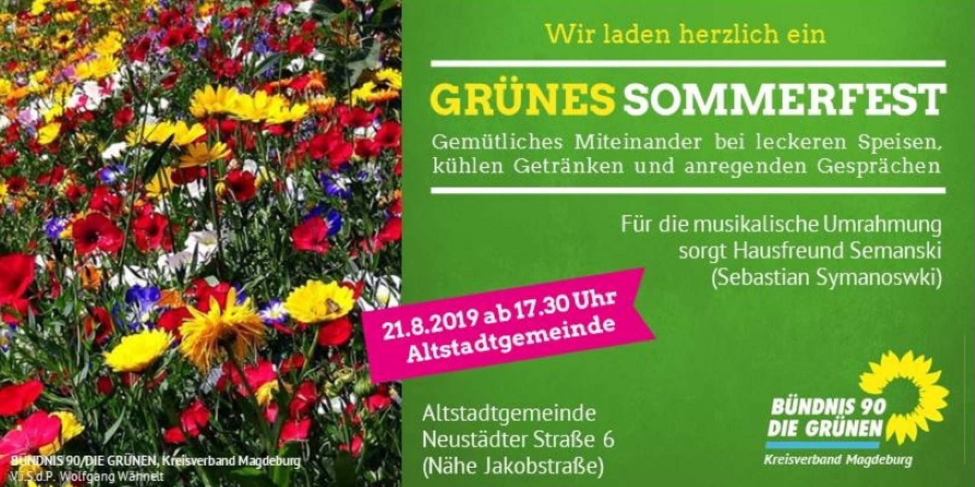 Blumenbild und Einladung zum Sommerfest der GRÜNEN KV Magdeburg am 21. August 2019 - 18.30 - Altstadtgemeinde, Neustädter Str. 6 in Magdeburg.