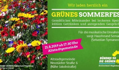 Blumenbild und Einladung zum Sommerfest der GRÜNEN KV Magdeburg am 21. August 2019 - 18.30 - Altstadtgemeinde, Neustädter Str. 6 in Magdeburg.