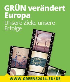 Grafikteaser mit Text: GRÜN verändert Europa - Unsere Ziele, unsere Erfolge. Daneben ein Filmstreifen mit Bildern und der Verweis www.greens2014.eu/de © gruene.de (CC BY-NC 3.0)