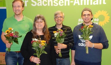 Die vier gewählten GRÜNEN Direktkandidaten (v.l.n.r.): Sören Herbst (Wahlkreis 11), Gisela Graf (Wahlkreis 12), Olaf Meister (Wahlkreis 13) und Florian Wiegand (Wahlkreis 10)
