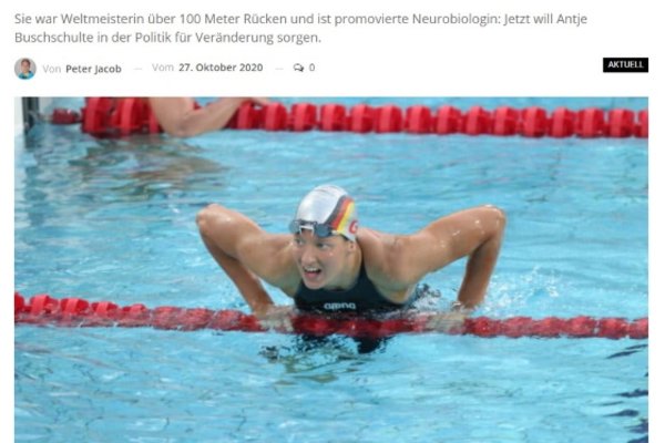 Screenshot Artikel auf swim.de zum Einstieg von Antje Buschschulte in die Politik